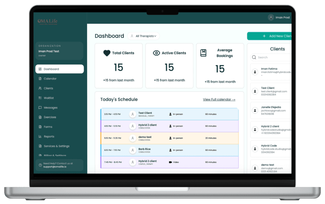Preview of the OMALife practice management dashboard, showing client stats, today's schedule, client visit trends, and a client list.
